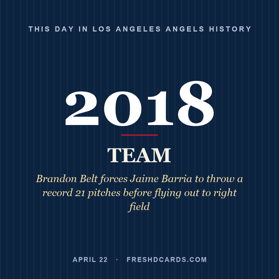 Los Angeles Angels: Los Angeles Angels, 2018, Brandon Belt forces Jaime Barria to throw a record 21 pitches before flying out to right field