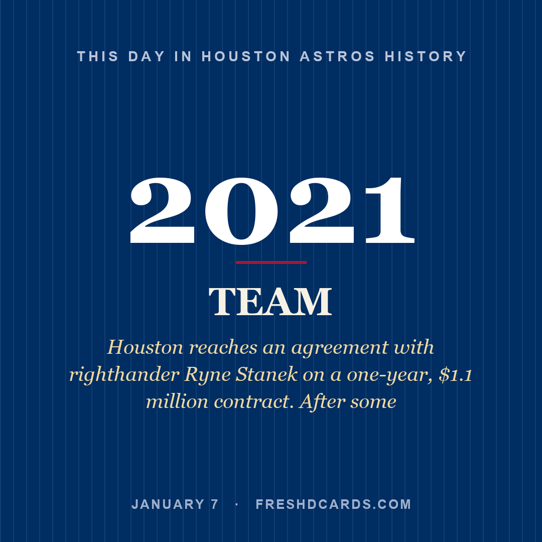 Houston Astros: Houston Astros, 2021, Houston reaches an agreement with righthander Ryne Stanek on a one-year, $1.1 million contract. After some