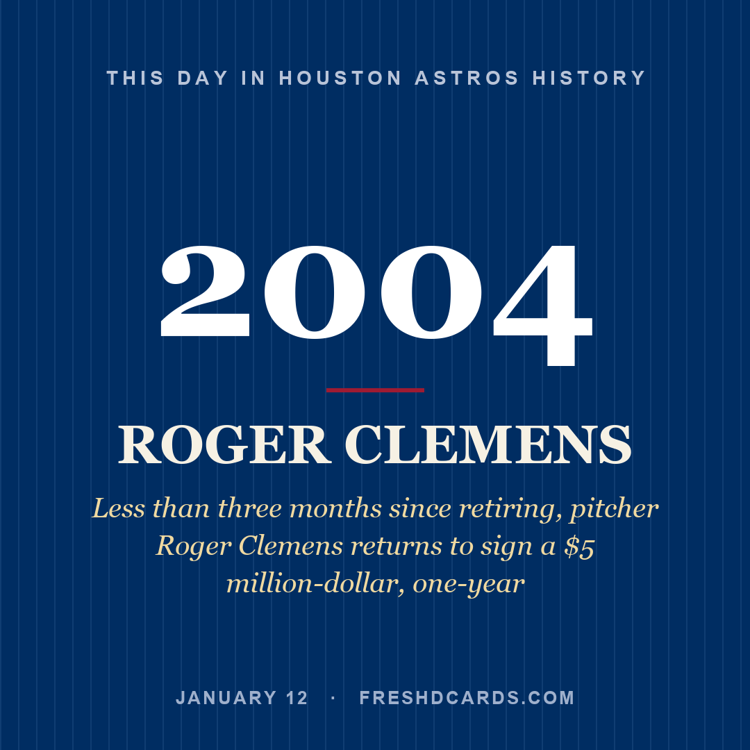 Houston Astros: Roger Clemens, 2004, Less than three months since retiring, pitcher Roger Clemens returns to sign a $5 million-dollar, one-year
