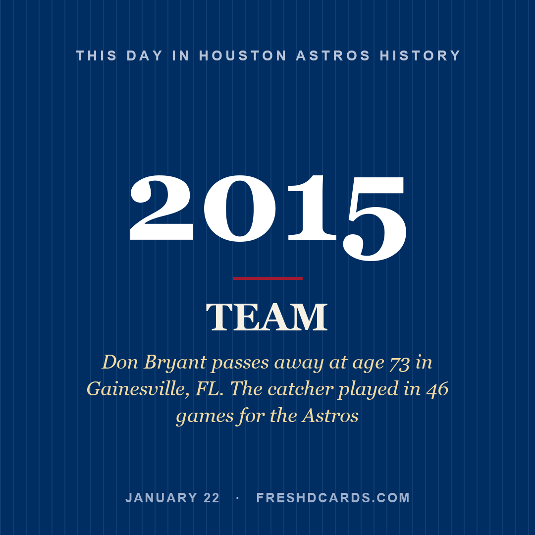 Houston Astros: Houston Astros, 2015, Don Bryant passes away at age 73 in Gainesville, FL. The catcher played in 46 games for the Astros