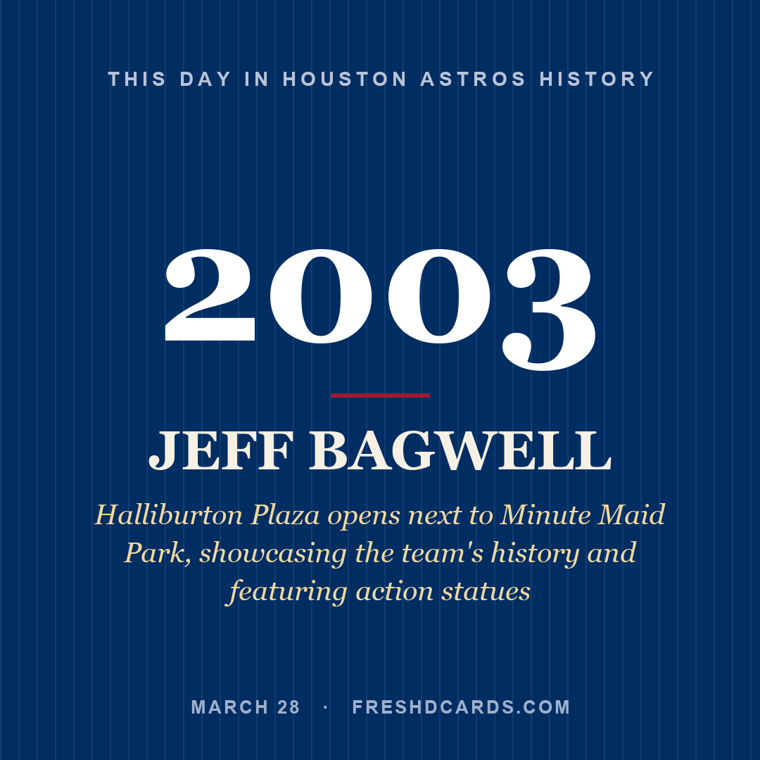 Houston Astros: Jeff Bagwell, 2003, Halliburton Plaza opens next to Minute Maid Park, showcasing the team's history and featuring action statues