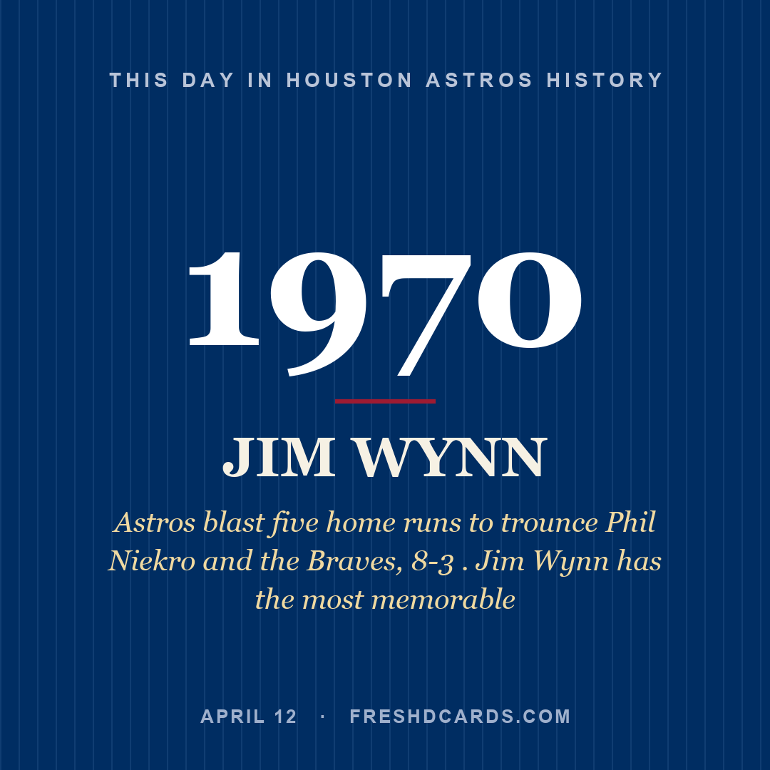Houston Astros: Jim Wynn, 1970, Astros blast five home runs to trounce Phil Niekro and the Braves, 8-3 . Jim Wynn has the most memorable