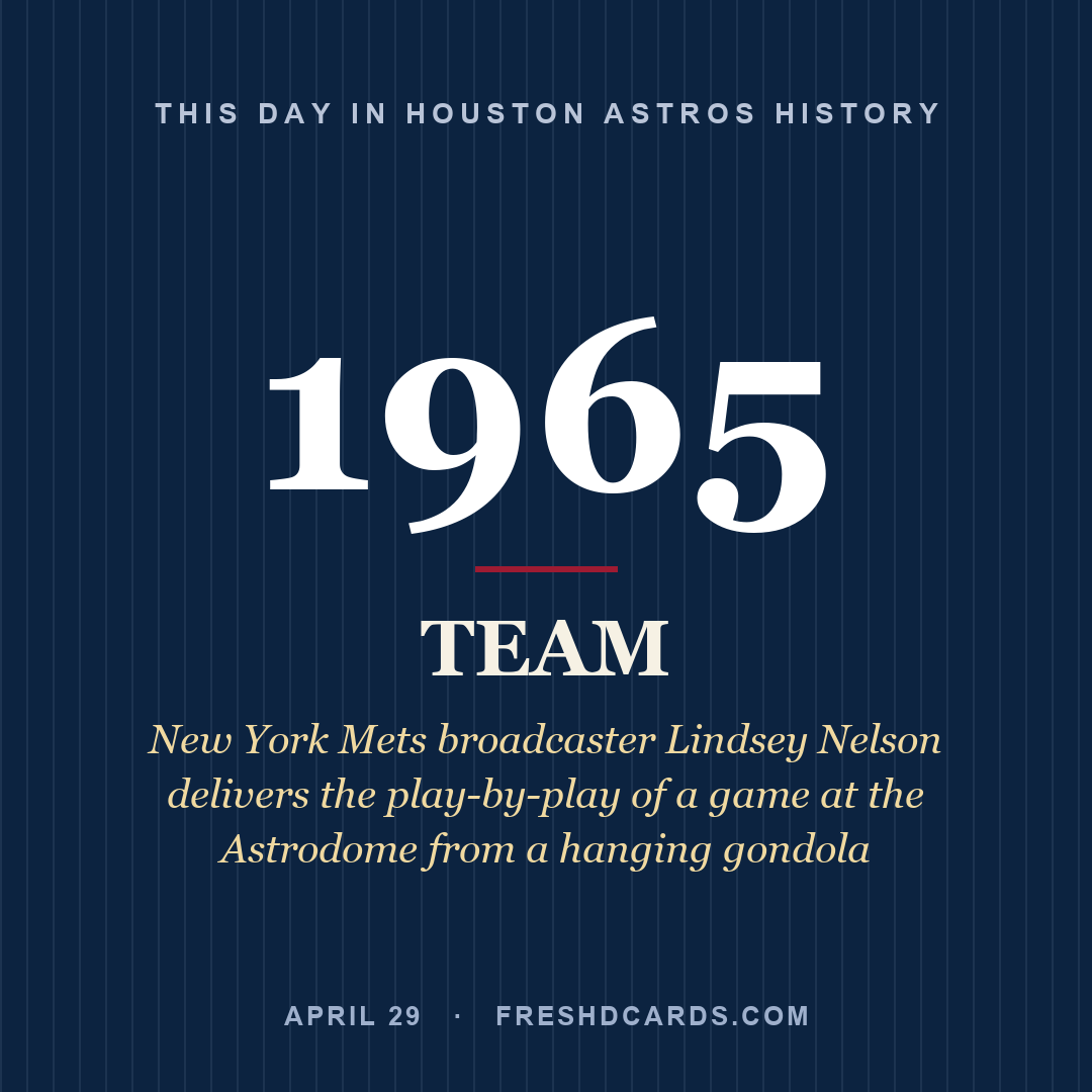 Houston Astros: Houston Astros, 1965, New York Mets broadcaster Lindsey Nelson delivers the play-by-play of a game at the Astrodome from a hanging gondola