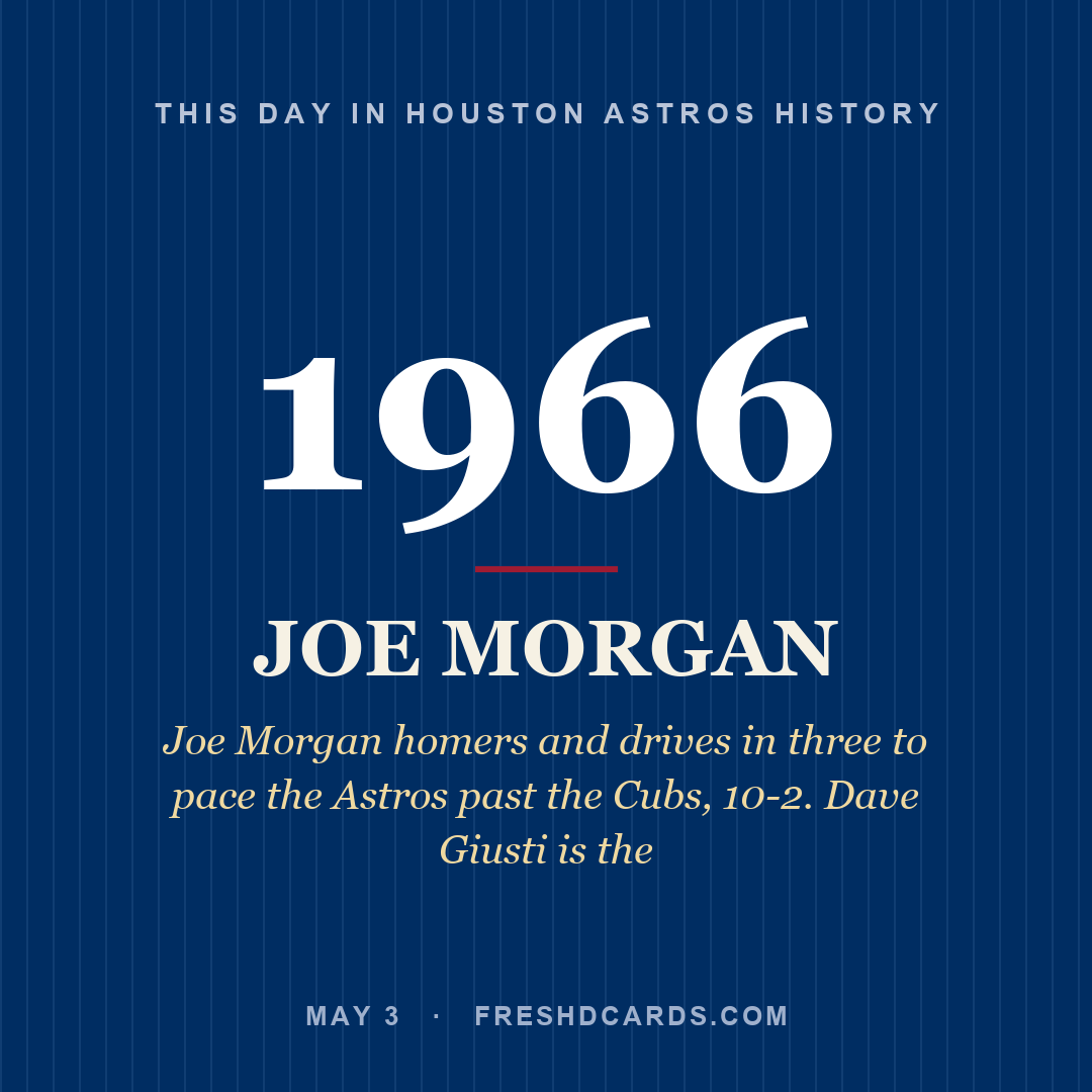 Houston Astros: Joe Morgan, 1966, Joe Morgan homers and drives in three to pace the Astros past the Cubs, 10-2. Dave Giusti is the