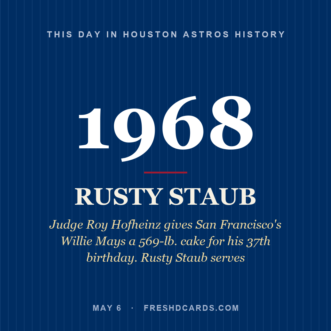 Houston Astros: Rusty Staub, 1968, Judge Roy Hofheinz gives San Francisco's Willie Mays a 569-lb. cake for his 37th birthday. Rusty Staub serves