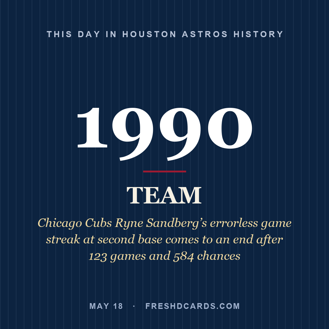 Houston Astros: Houston Astros, 1990, Chicago Cubs Ryne Sandberg’s errorless game streak at second base comes to an end after 123 games and 584 chances