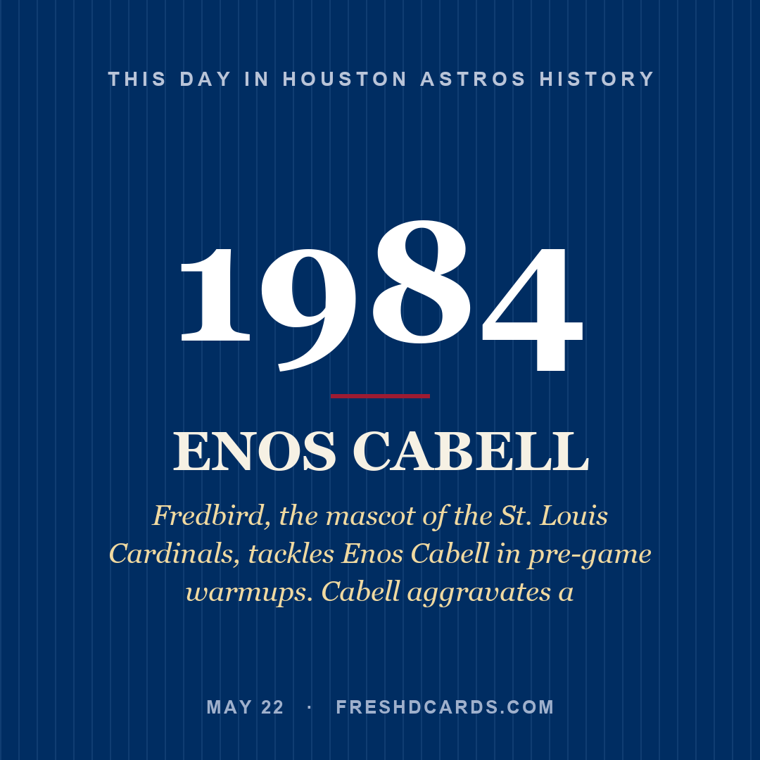 Houston Astros: Enos Cabell, 1984, Fredbird, the mascot of the St. Louis Cardinals, tackles Enos Cabell in pre-game warmups. Cabell aggravates a