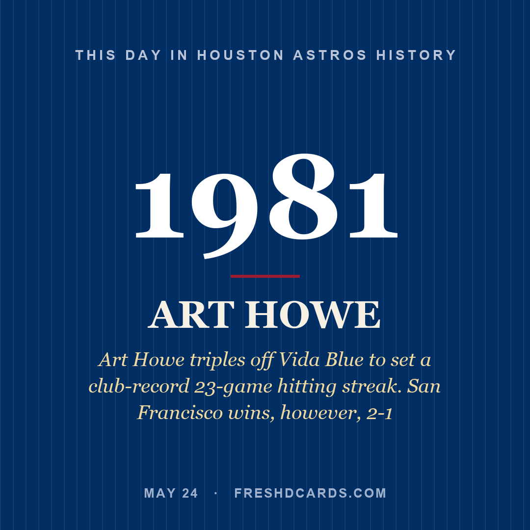Houston Astros: Art Howe, 1981, Art Howe triples off Vida Blue to set a club-record 23-game hitting streak. San Francisco wins, however, 2-1