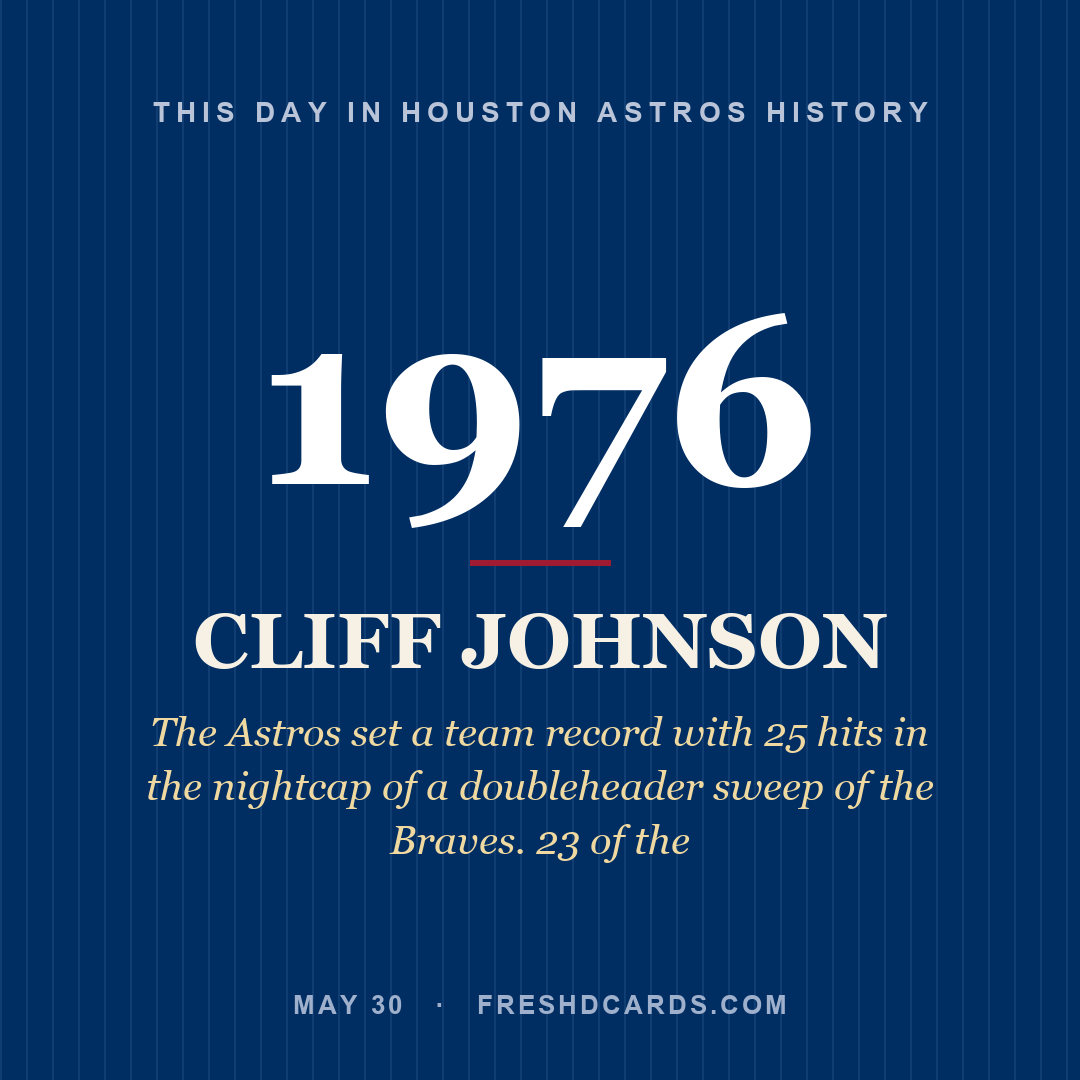 Houston Astros: Cliff Johnson, 1976, The Astros set a team record with 25 hits in the nightcap of a doubleheader sweep of the Braves. 23 of the