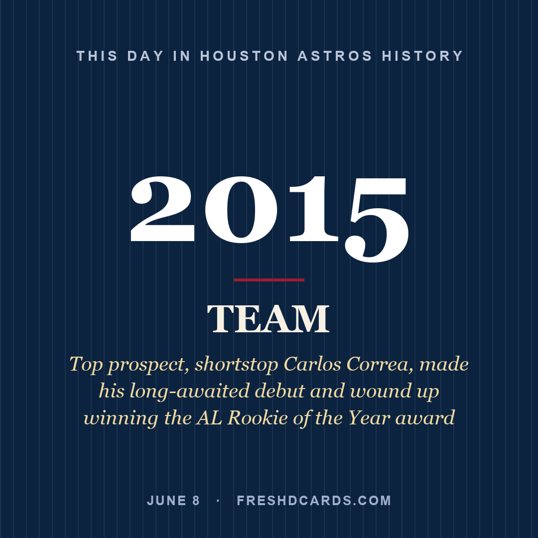 Houston Astros: Houston Astros, 2015, Top prospect, shortstop Carlos Correa, made his long-awaited debut and wound up winning the AL Rookie of the Year award