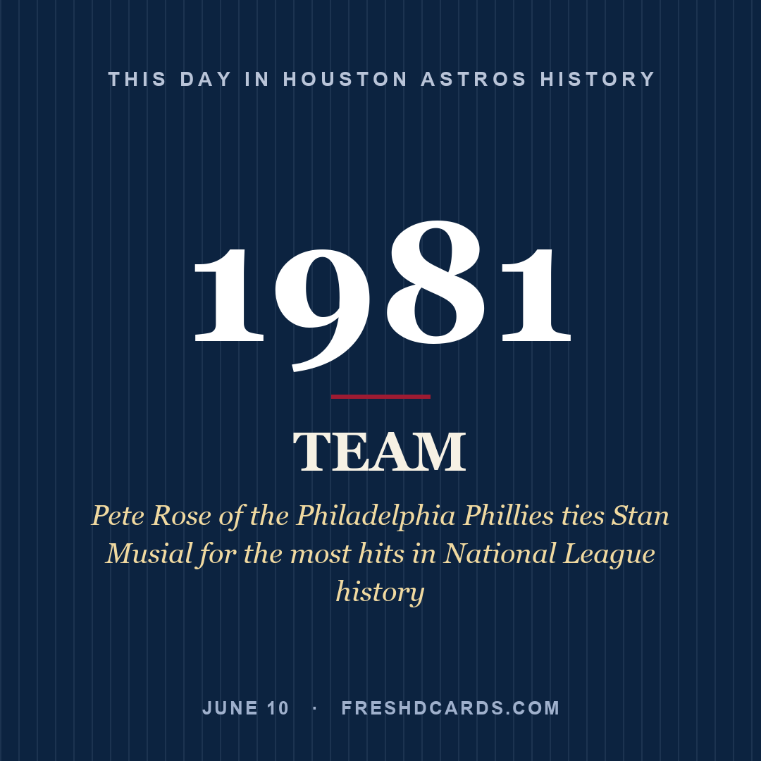 Houston Astros: Houston Astros, 1981, Pete Rose of the Philadelphia Phillies ties Stan Musial for the most hits in National League history