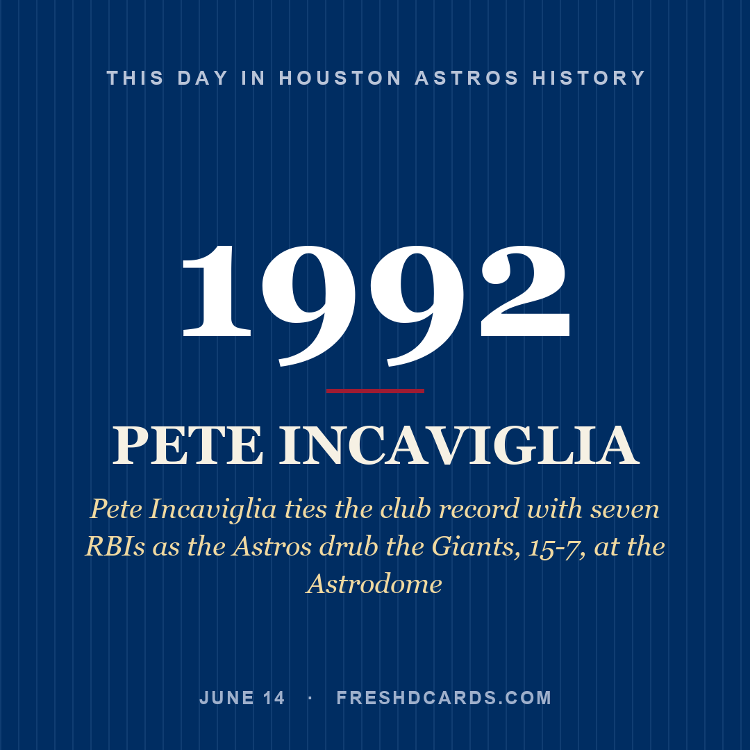 Houston Astros: Pete Incaviglia, 1992, Pete Incaviglia ties the club record with seven RBIs as the Astros drub the Giants, 15-7, at the Astrodome