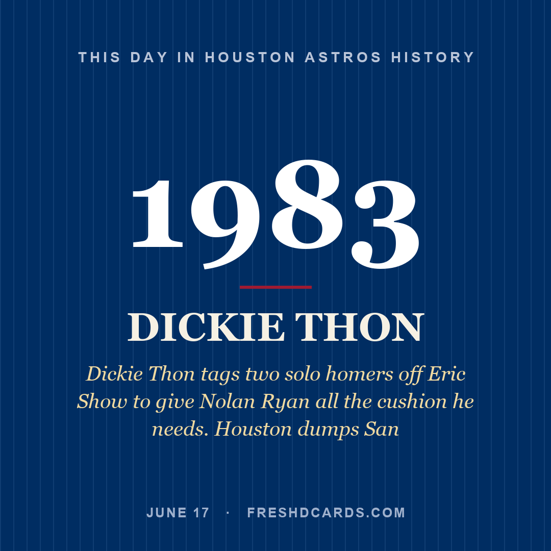 Houston Astros: Dickie Thon, 1983, Dickie Thon tags two solo homers off Eric Show to give Nolan Ryan all the cushion he needs. Houston dumps San
