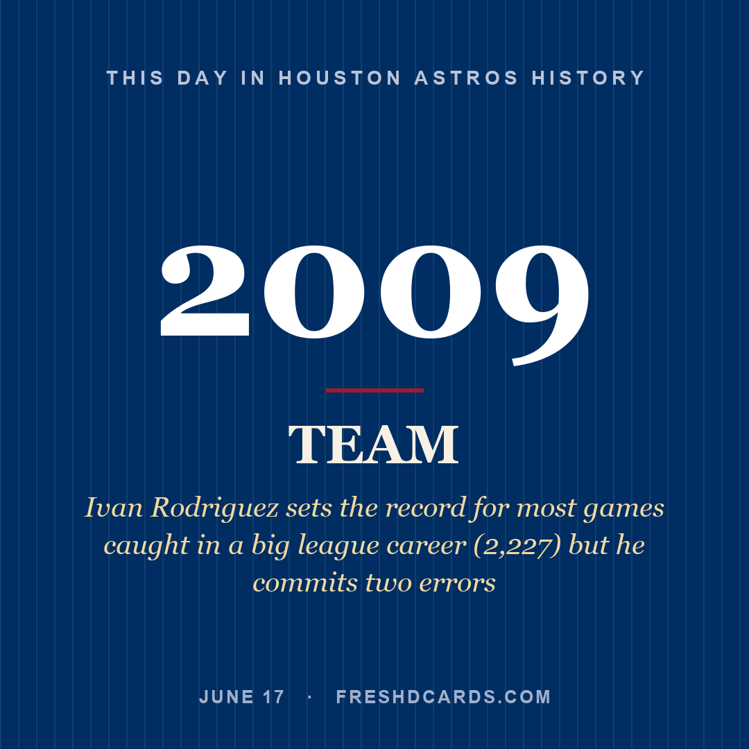 Houston Astros: Houston Astros, 2009, Ivan Rodriguez sets the record for most games caught in a big league career (2,227) but he commits two errors