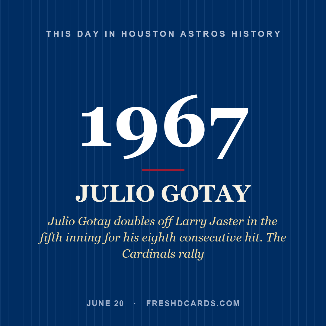 Houston Astros: Julio Gotay, 1967, Julio Gotay doubles off Larry Jaster in the fifth inning for his eighth consecutive hit. The Cardinals rally