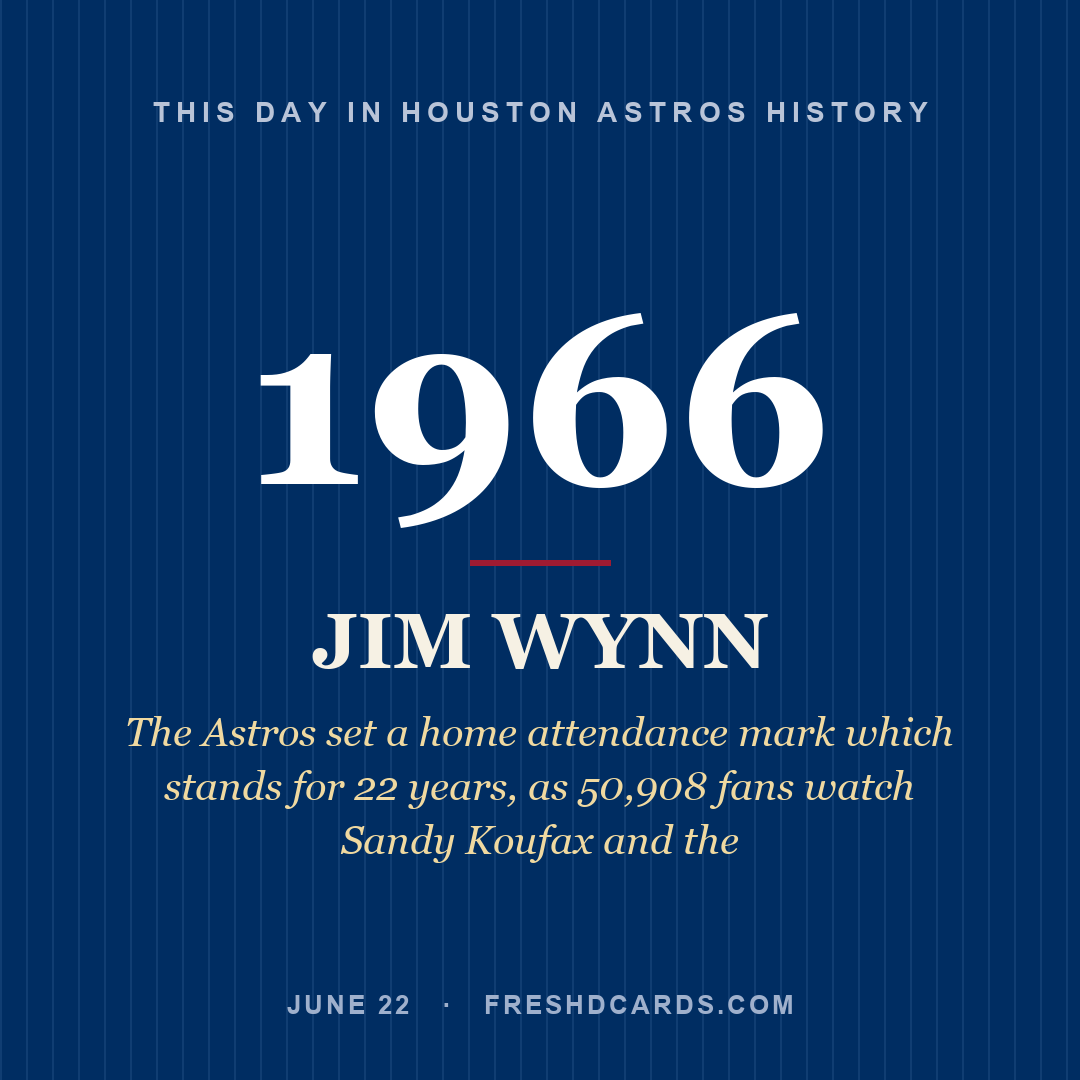 Houston Astros: Jim Wynn, 1966, The Astros set a home attendance mark which stands for 22 years, as 50,908 fans watch Sandy Koufax and the