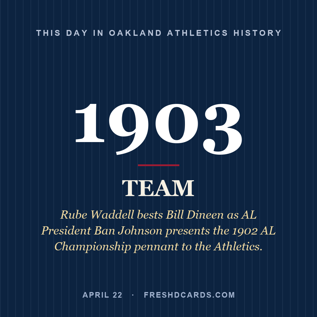 Oakland Athletics: Oakland Athletics, 1903, Rube Waddell bests Bill Dineen as AL President Ban Johnson presents the 1902 AL Championship pennant to the Athletics.