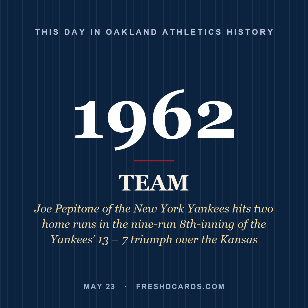 Oakland Athletics: Oakland Athletics, 1962, Joe Pepitone of the New York Yankees hits two home runs in the nine-run 8th-inning of the Yankees’ 13 – 7 triumph over the Kansas