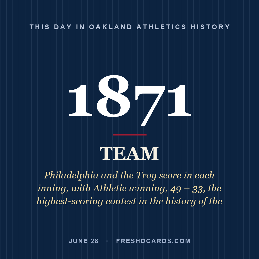 Oakland Athletics: Oakland Athletics, 1871, Philadelphia and the Troy score in each inning, with Athletic winning, 49 – 33, the highest-scoring contest in the history of the