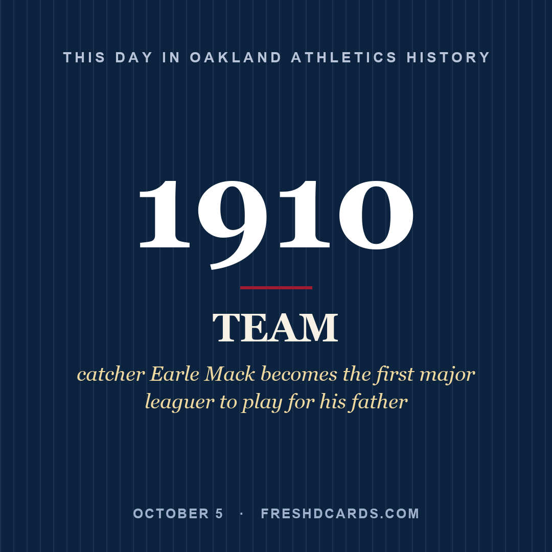 Oakland Athletics: Oakland Athletics, 1910, catcher Earle Mack becomes the first major leaguer to play for his father