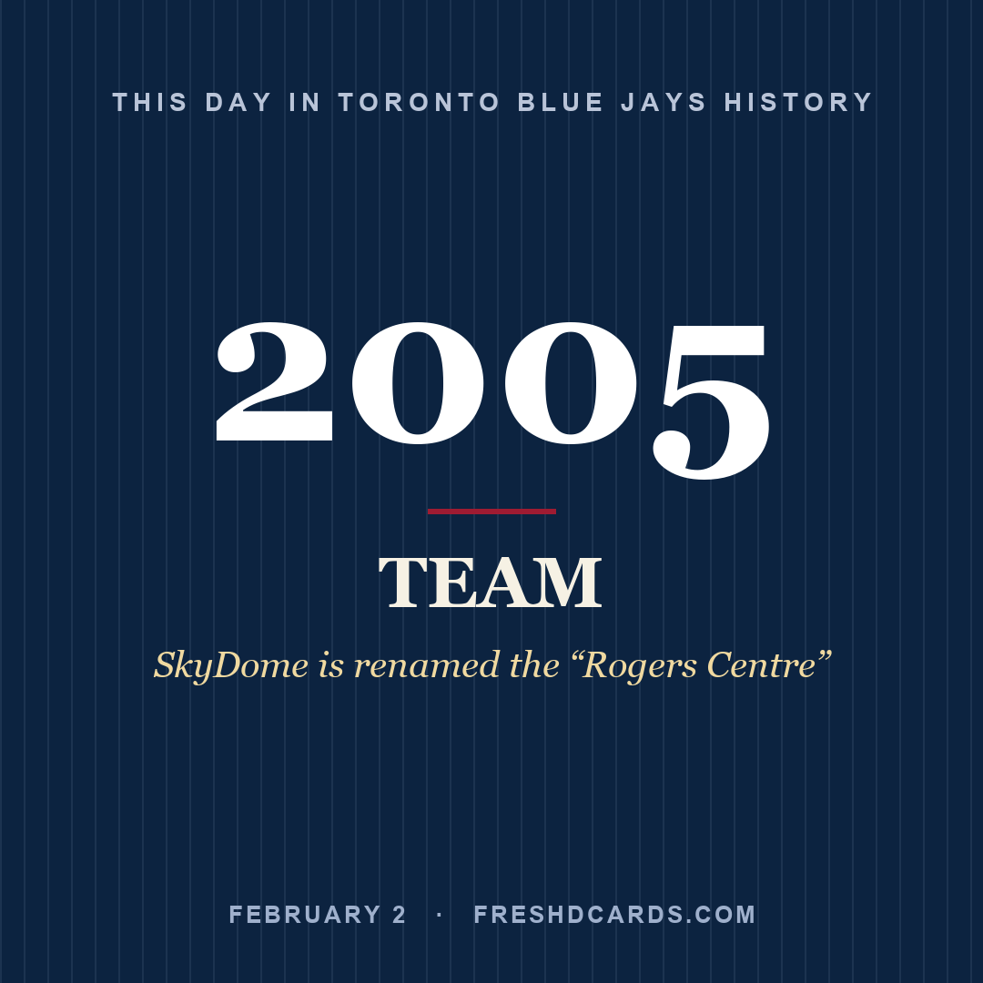Toronto Blue Jays: Toronto Blue Jays, 2005, SkyDome is renamed the “Rogers Centre”
