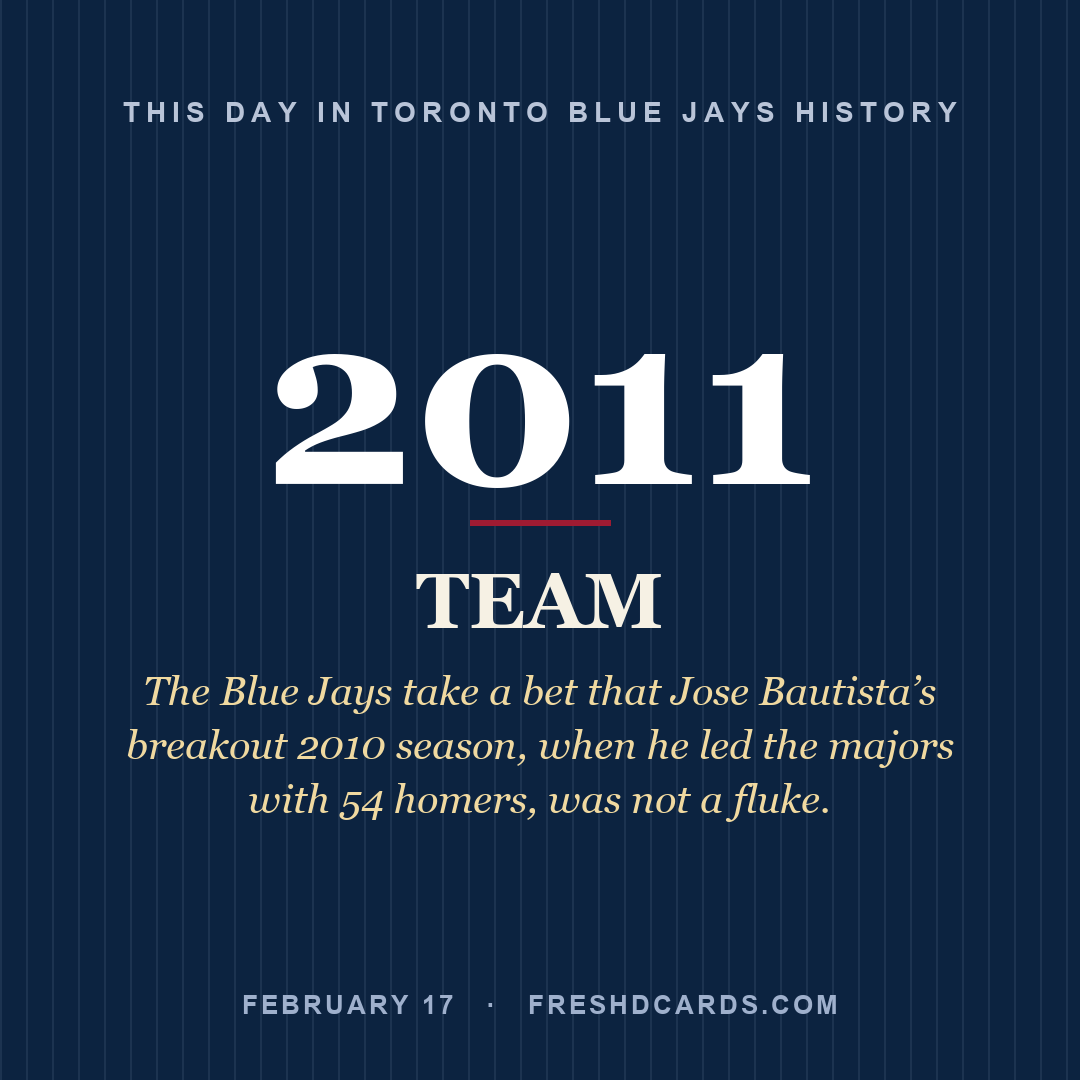 Toronto Blue Jays: Toronto Blue Jays, 2011, The Blue Jays take a bet that Jose Bautista’s breakout 2010 season, when he led the majors with 54 homers, was not a fluke.