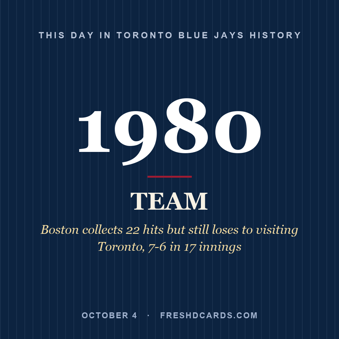 Toronto Blue Jays: Toronto Blue Jays, 1980, Boston collects 22 hits but still loses to visiting Toronto‚ 7-6 in 17 innings