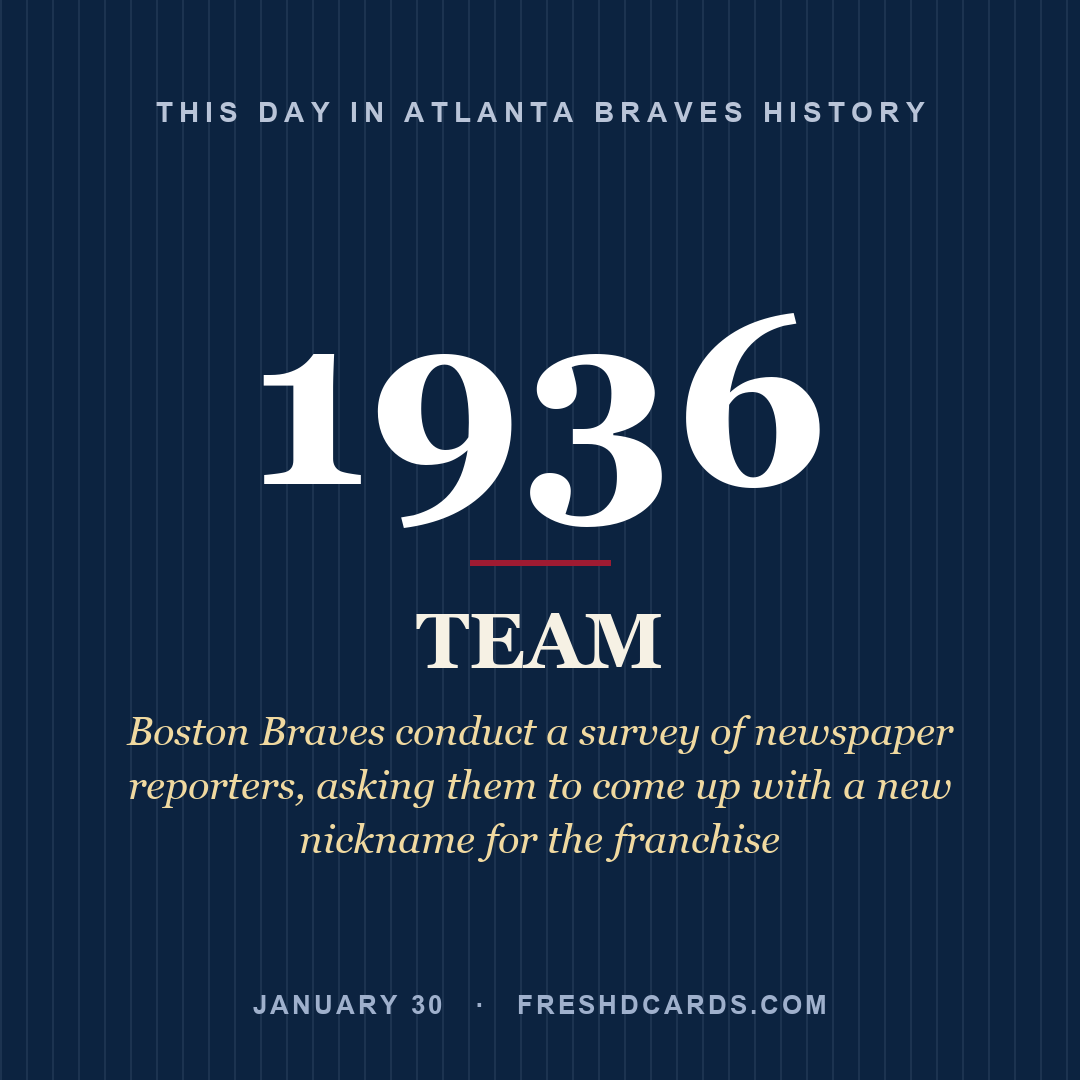 Atlanta Braves: Atlanta Braves, 1936, Boston Braves conduct a survey of newspaper reporters, asking them to come up with a new nickname for the franchise
