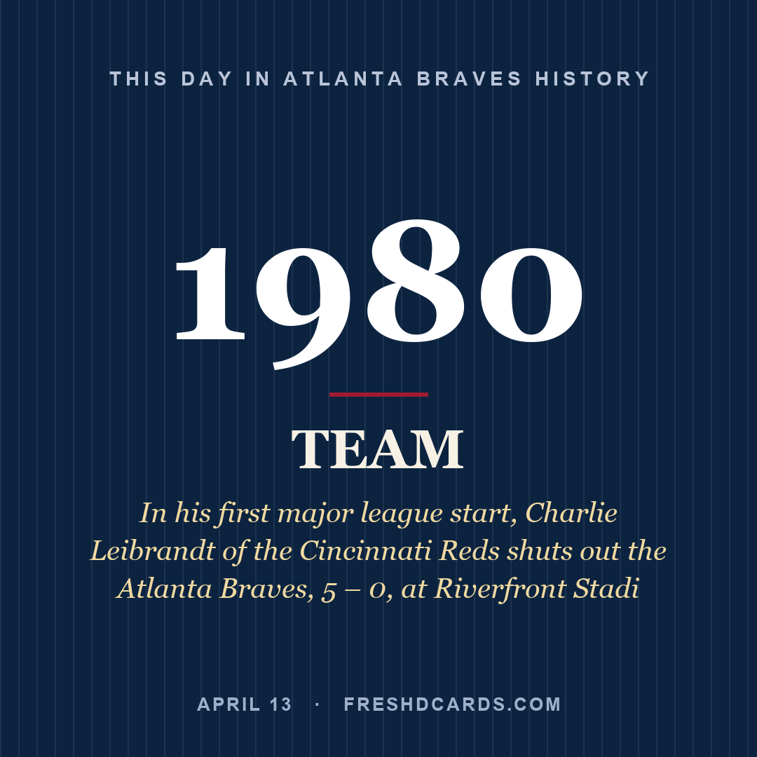 Atlanta Braves: Atlanta Braves, 1980, In his first major league start, Charlie Leibrandt of the Cincinnati Reds shuts out the Atlanta Braves, 5 – 0, at Riverfront Stadi