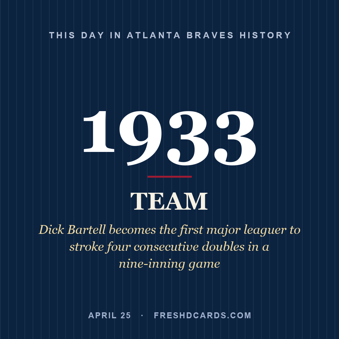Atlanta Braves: Atlanta Braves, 1933, Dick Bartell becomes the first major leaguer to stroke four consecutive doubles in a nine-inning game