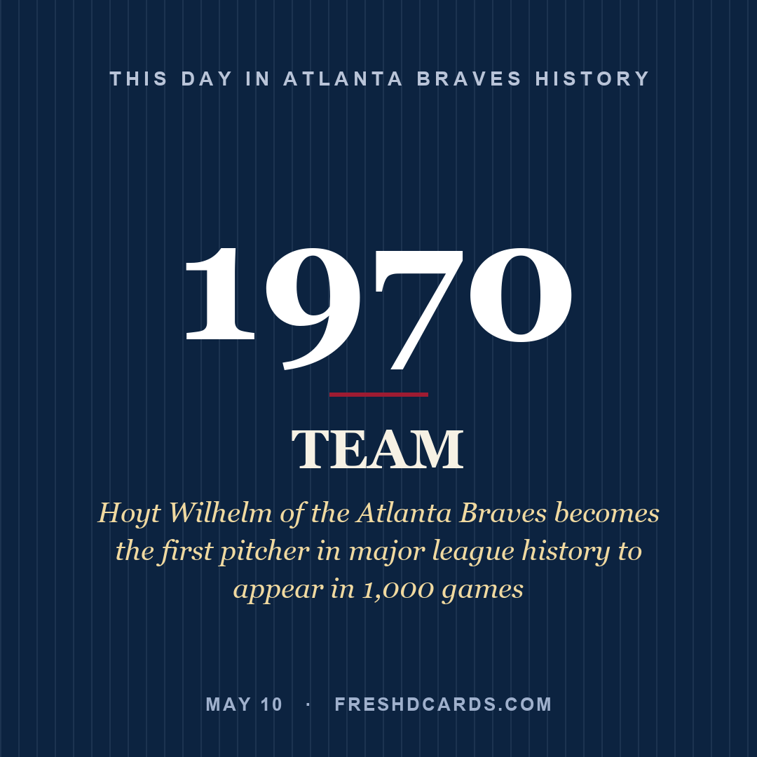 Atlanta Braves: Atlanta Braves, 1970, Hoyt Wilhelm of the Atlanta Braves becomes the first pitcher in major league history to appear in 1,000 games