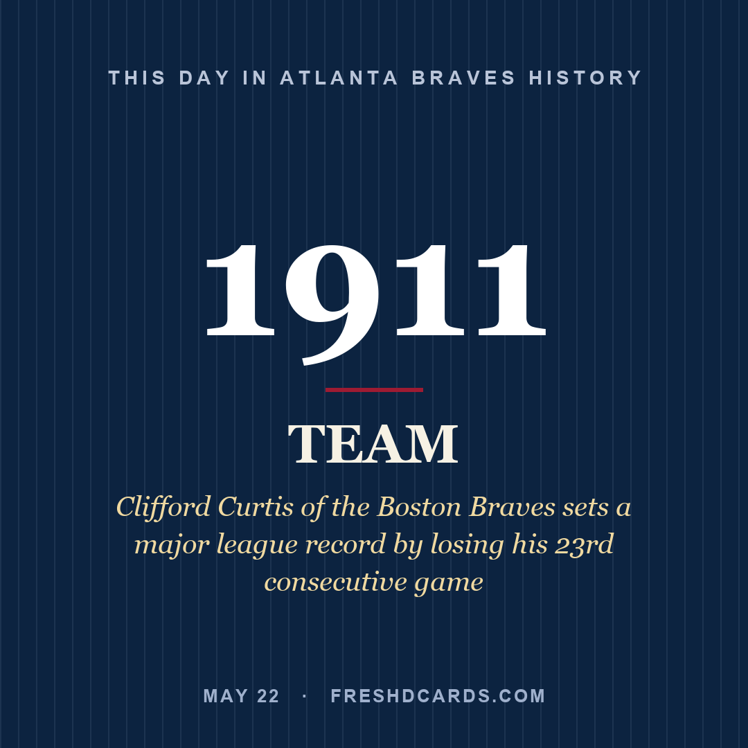 Atlanta Braves: Atlanta Braves, 1911, Clifford Curtis of the Boston Braves sets a major league record by losing his 23rd consecutive game