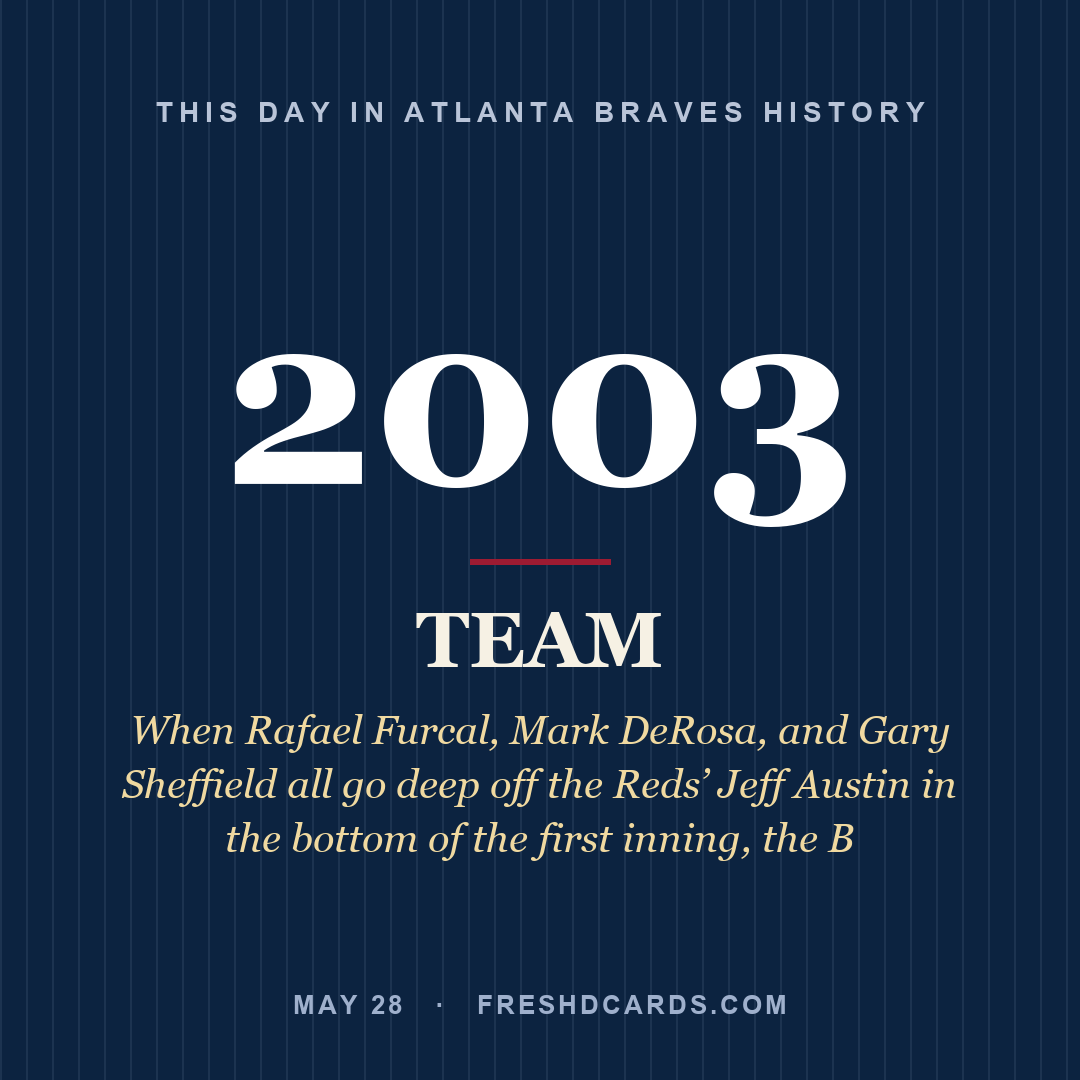 Atlanta Braves: Atlanta Braves, 2003, When Rafael Furcal, Mark DeRosa, and Gary Sheffield all go deep off the Reds’ Jeff Austin in the bottom of the first inning, the B