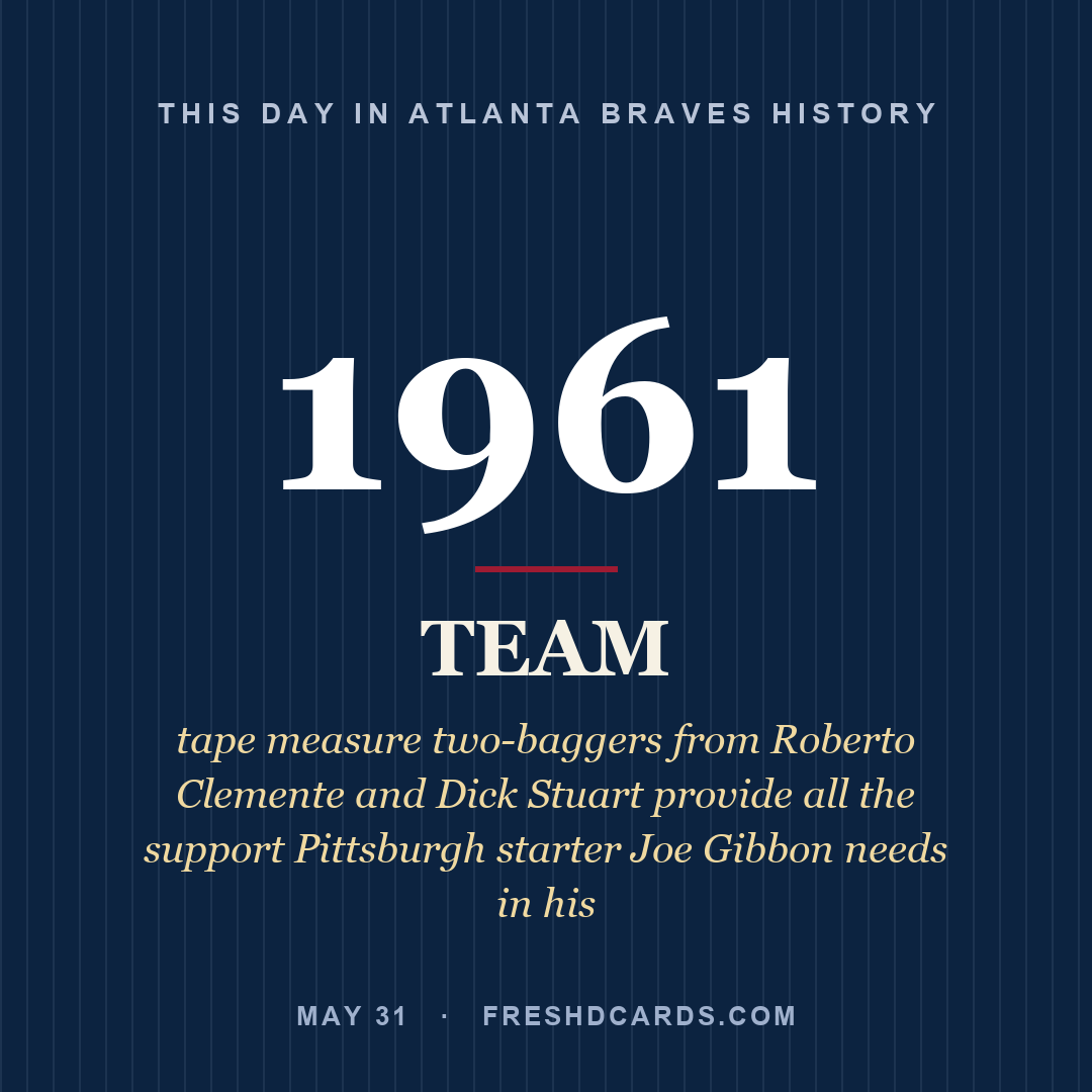 Atlanta Braves: Atlanta Braves, 1961, tape measure two-baggers from Roberto Clemente and Dick Stuart provide all the support Pittsburgh starter Joe Gibbon needs in his