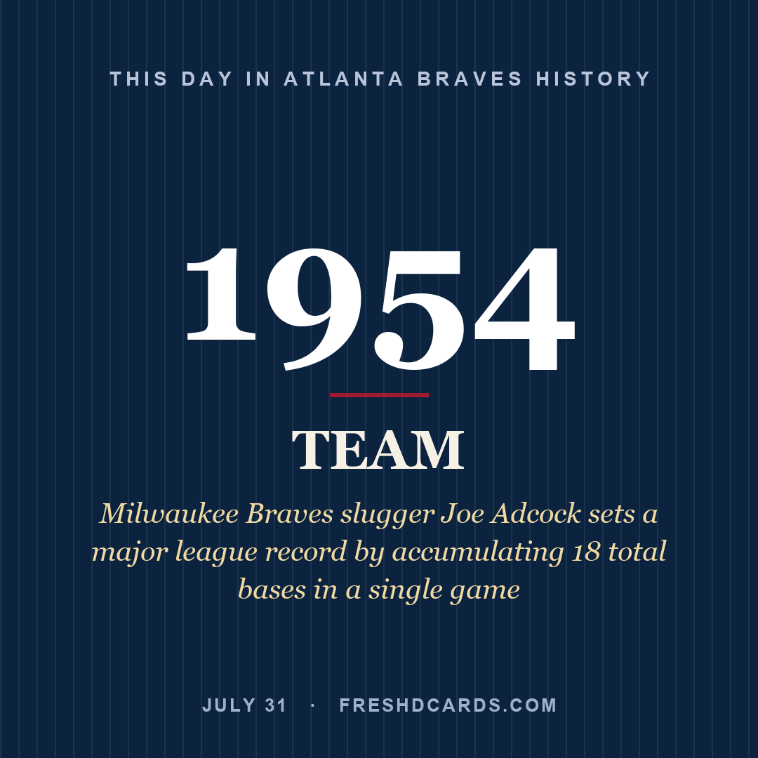 Atlanta Braves: Atlanta Braves, 1954, Milwaukee Braves slugger Joe Adcock sets a major league record by accumulating 18 total bases in a single game