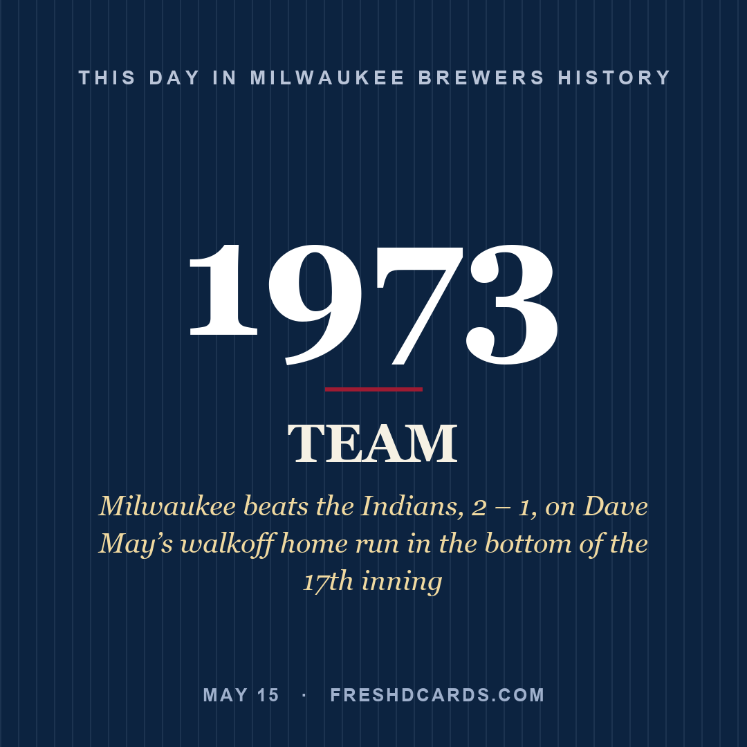 Milwaukee Brewers: Milwaukee Brewers, 1973, Milwaukee beats the Indians, 2 – 1, on Dave May’s walkoff home run in the bottom of the 17th inning