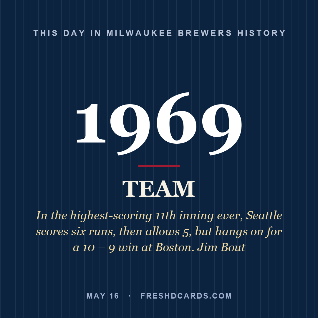 Milwaukee Brewers: Milwaukee Brewers, 1969, In the highest-scoring 11th inning ever, Seattle scores six runs, then allows 5, but hangs on for a 10 – 9 win at Boston. Jim Bout