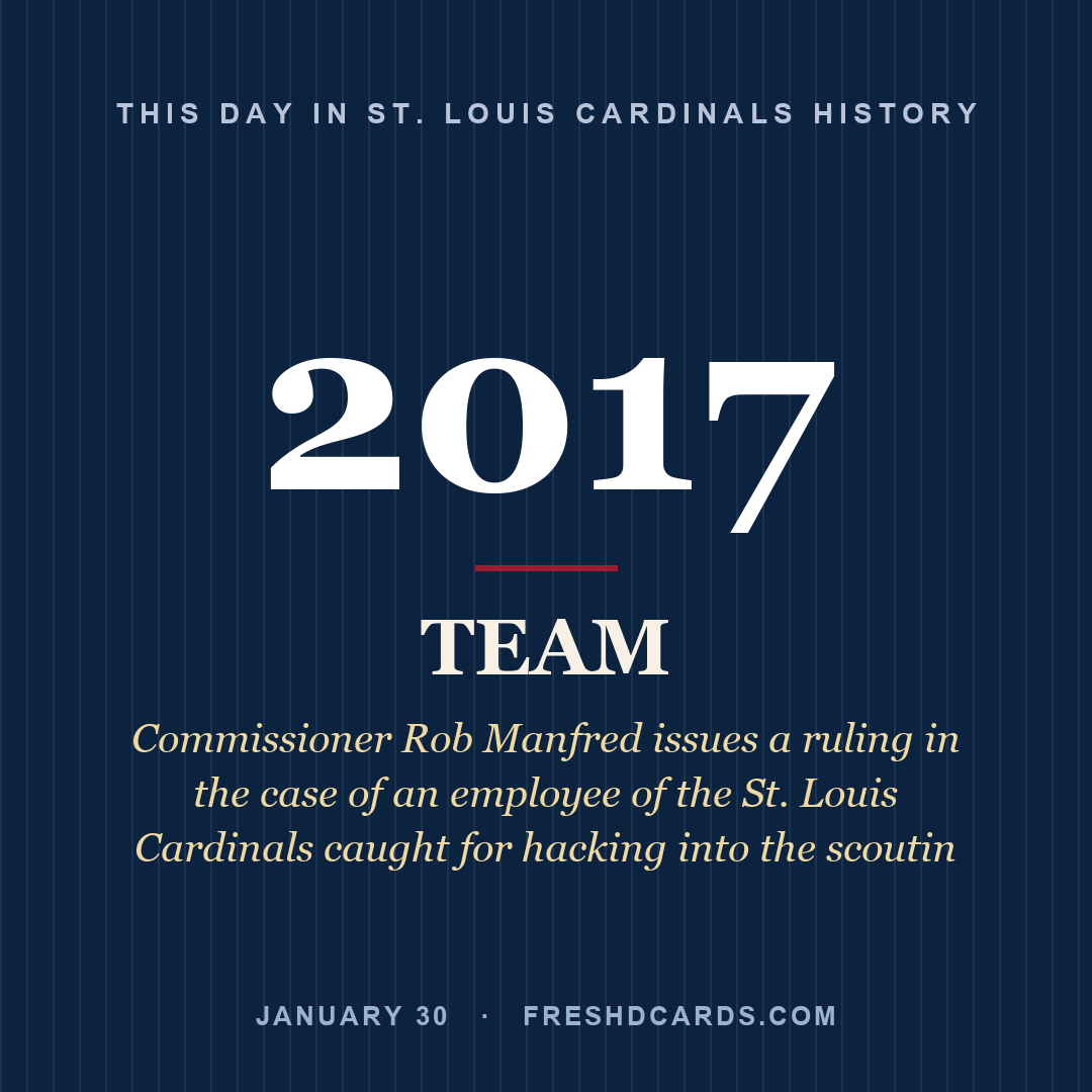 St. Louis Cardinals: St. Louis Cardinals, 2017, Commissioner Rob Manfred issues a ruling in the case of an employee of the St. Louis Cardinals caught for hacking into the scoutin