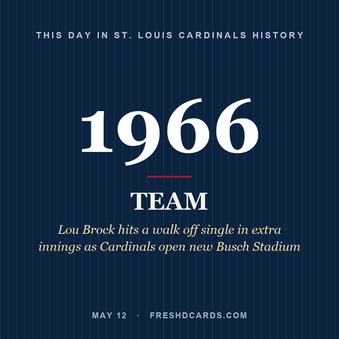 St. Louis Cardinals: St. Louis Cardinals, 1966, Lou Brock hits a walk off single in extra innings as Cardinals open new Busch Stadium