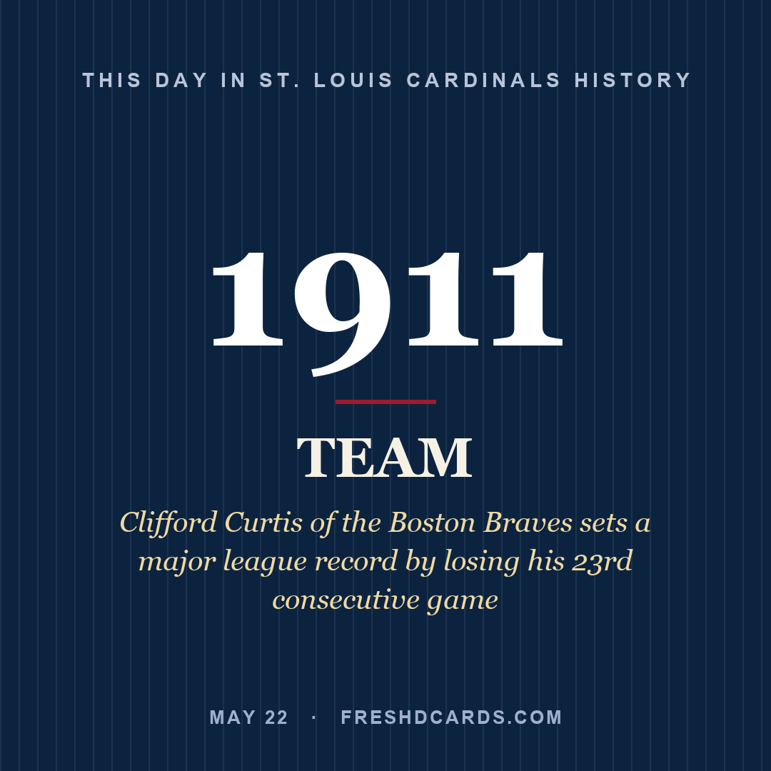 St. Louis Cardinals: St. Louis Cardinals, 1911, Clifford Curtis of the Boston Braves sets a major league record by losing his 23rd consecutive game