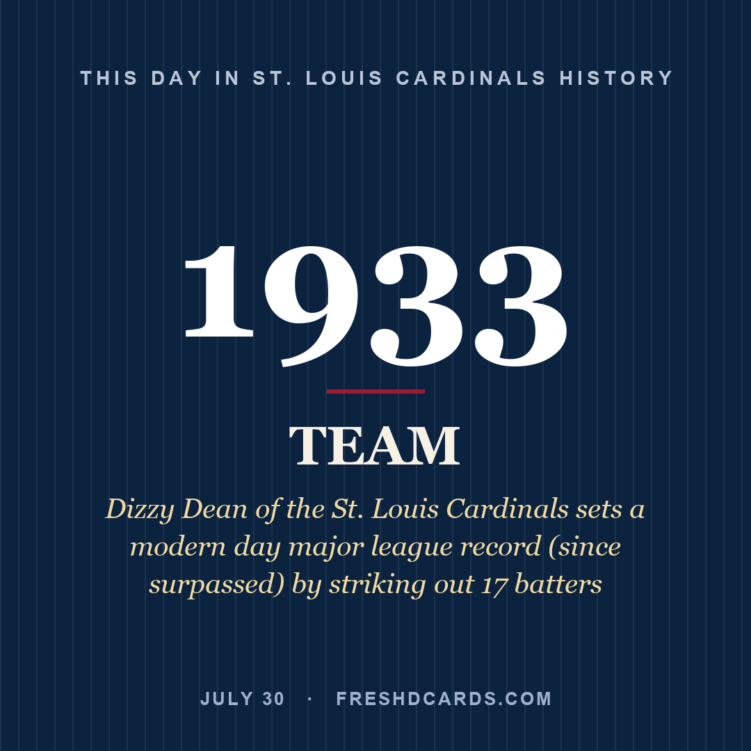 St. Louis Cardinals: St. Louis Cardinals, 1933, Dizzy Dean of the St. Louis Cardinals sets a modern day major league record (since surpassed) by striking out 17 batters