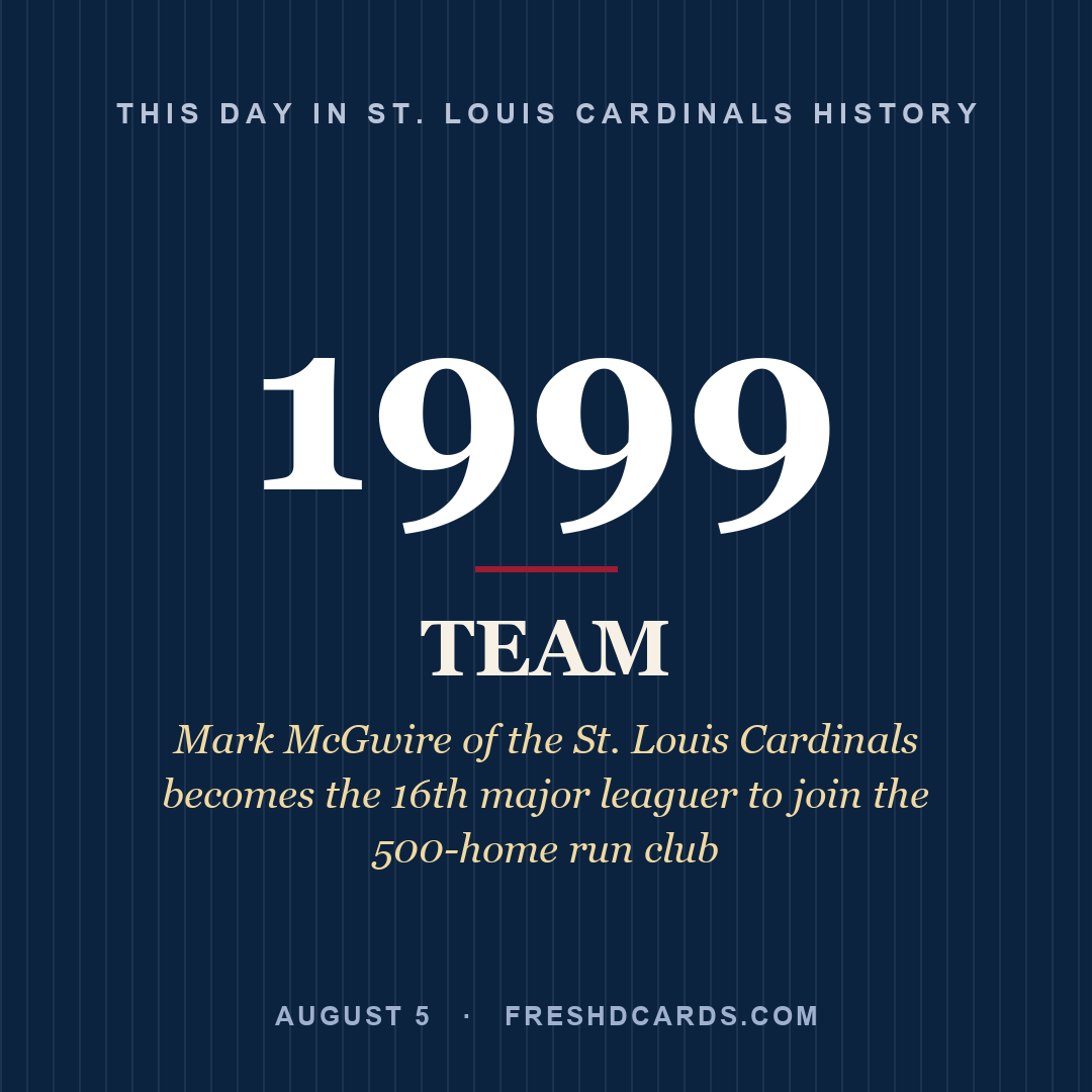 St. Louis Cardinals: St. Louis Cardinals, 1999, Mark McGwire of the St. Louis Cardinals becomes the 16th major leaguer to join the 500-home run club