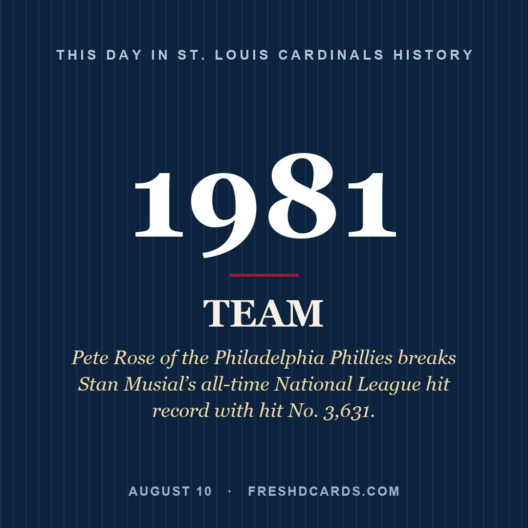 St. Louis Cardinals: St. Louis Cardinals, 1981, Pete Rose of the Philadelphia Phillies breaks Stan Musial’s all-time National League hit record with hit No. 3,631.