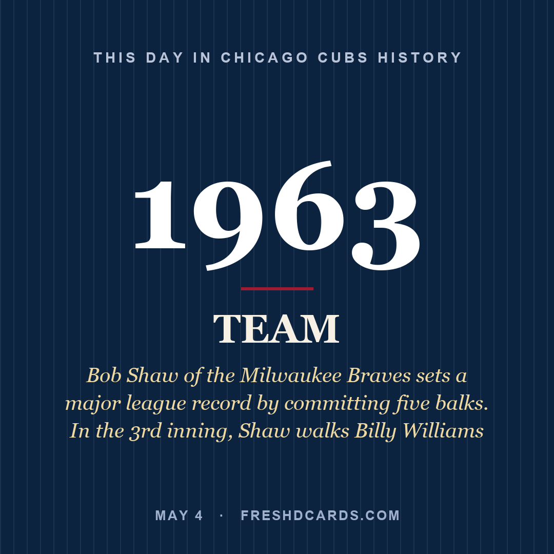Chicago Cubs: Chicago Cubs, 1963, Bob Shaw of the Milwaukee Braves sets a major league record by committing five balks. In the 3rd inning, Shaw walks Billy Williams