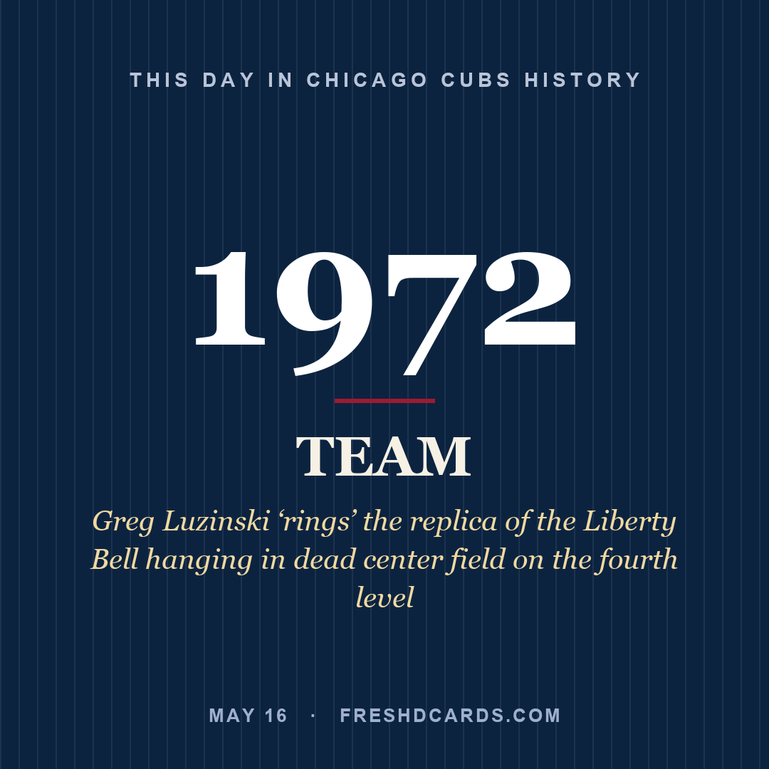 Chicago Cubs: Chicago Cubs, 1972, Greg Luzinski ‘rings’ the replica of the Liberty Bell hanging in dead center field on the fourth level