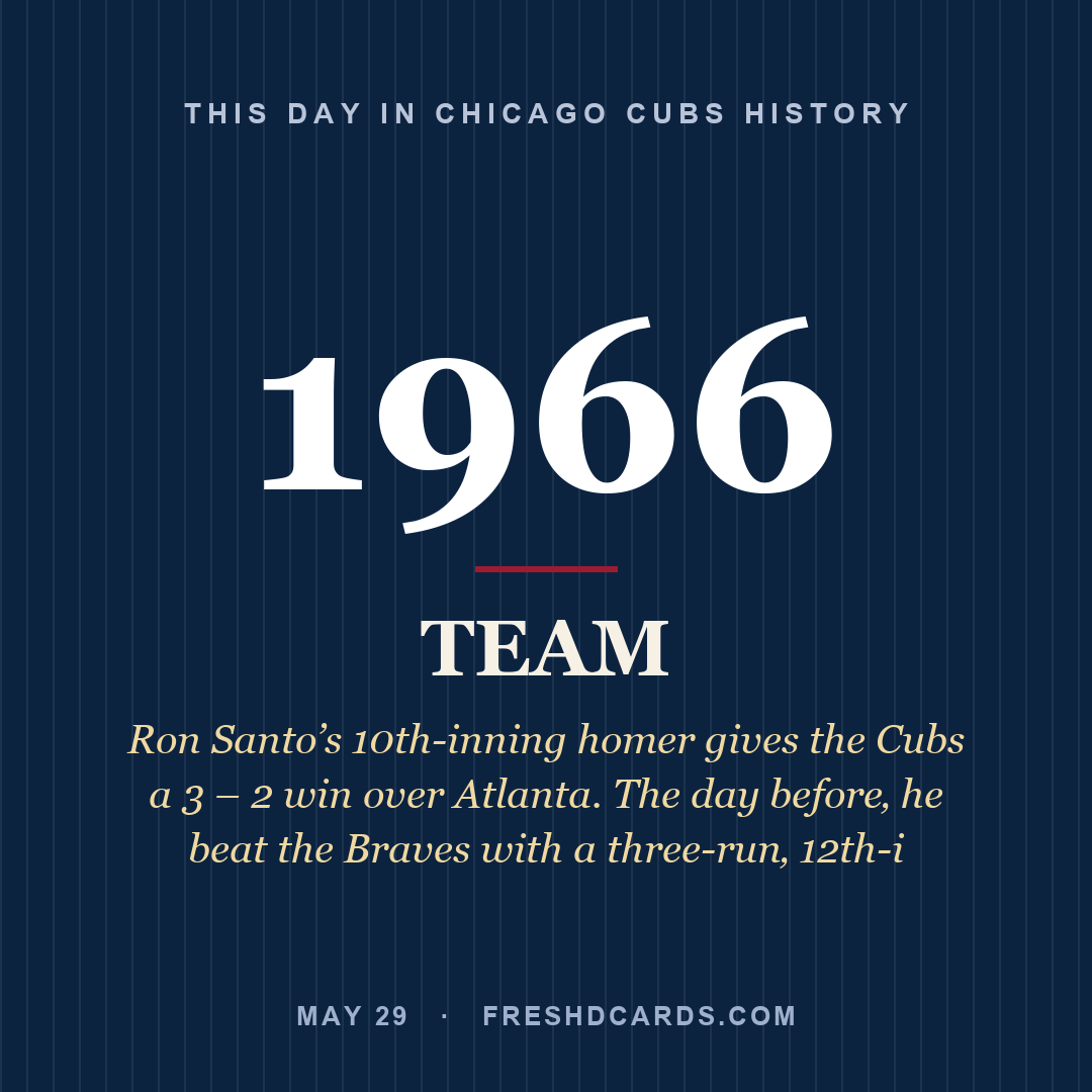 Chicago Cubs: Chicago Cubs, 1966, Ron Santo’s 10th-inning homer gives the Cubs a 3 – 2 win over Atlanta. The day before‚ he beat the Braves with a three-run‚ 12th-i