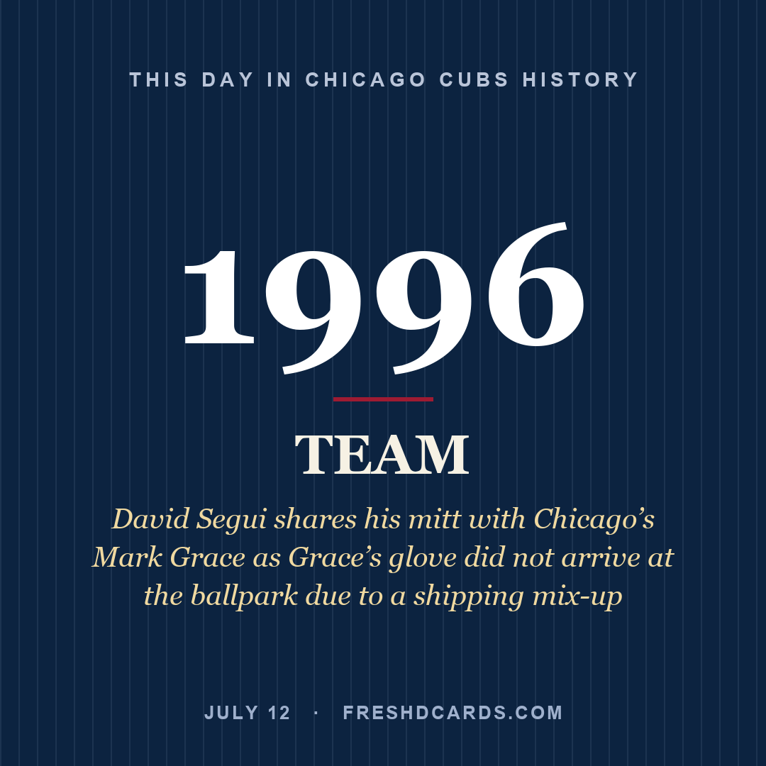 Chicago Cubs: Chicago Cubs, 1996, David Segui shares his mitt with Chicago’s Mark Grace as Grace’s glove did not arrive at the ballpark due to a shipping mix-up