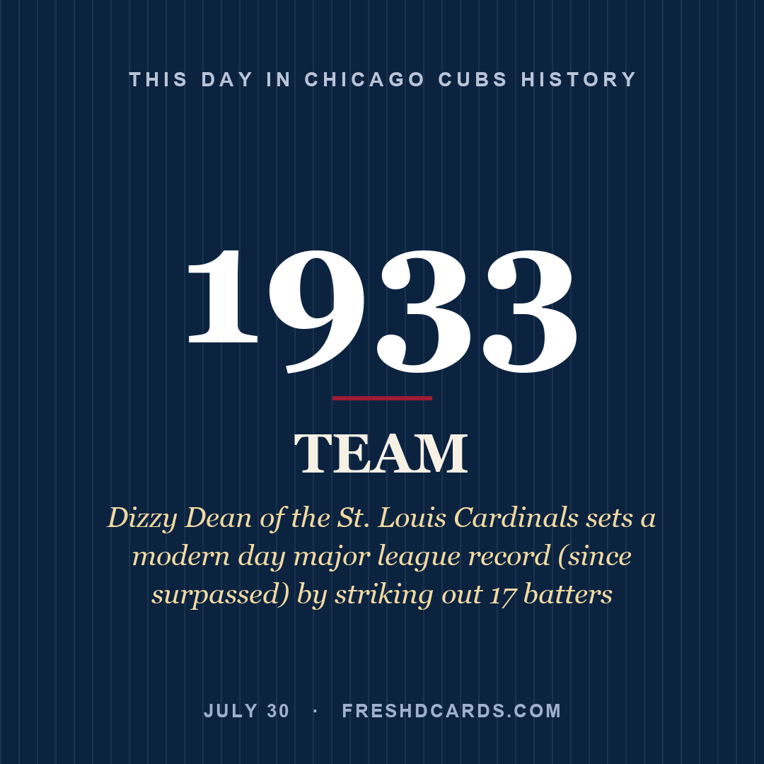 Chicago Cubs: Chicago Cubs, 1933, Dizzy Dean of the St. Louis Cardinals sets a modern day major league record (since surpassed) by striking out 17 batters