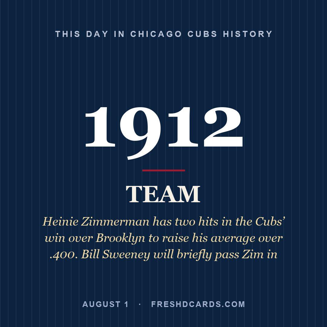 Chicago Cubs: Chicago Cubs, 1912, Heinie Zimmerman has two hits in the Cubs’ win over Brooklyn to raise his average over .400. Bill Sweeney will briefly pass Zim in