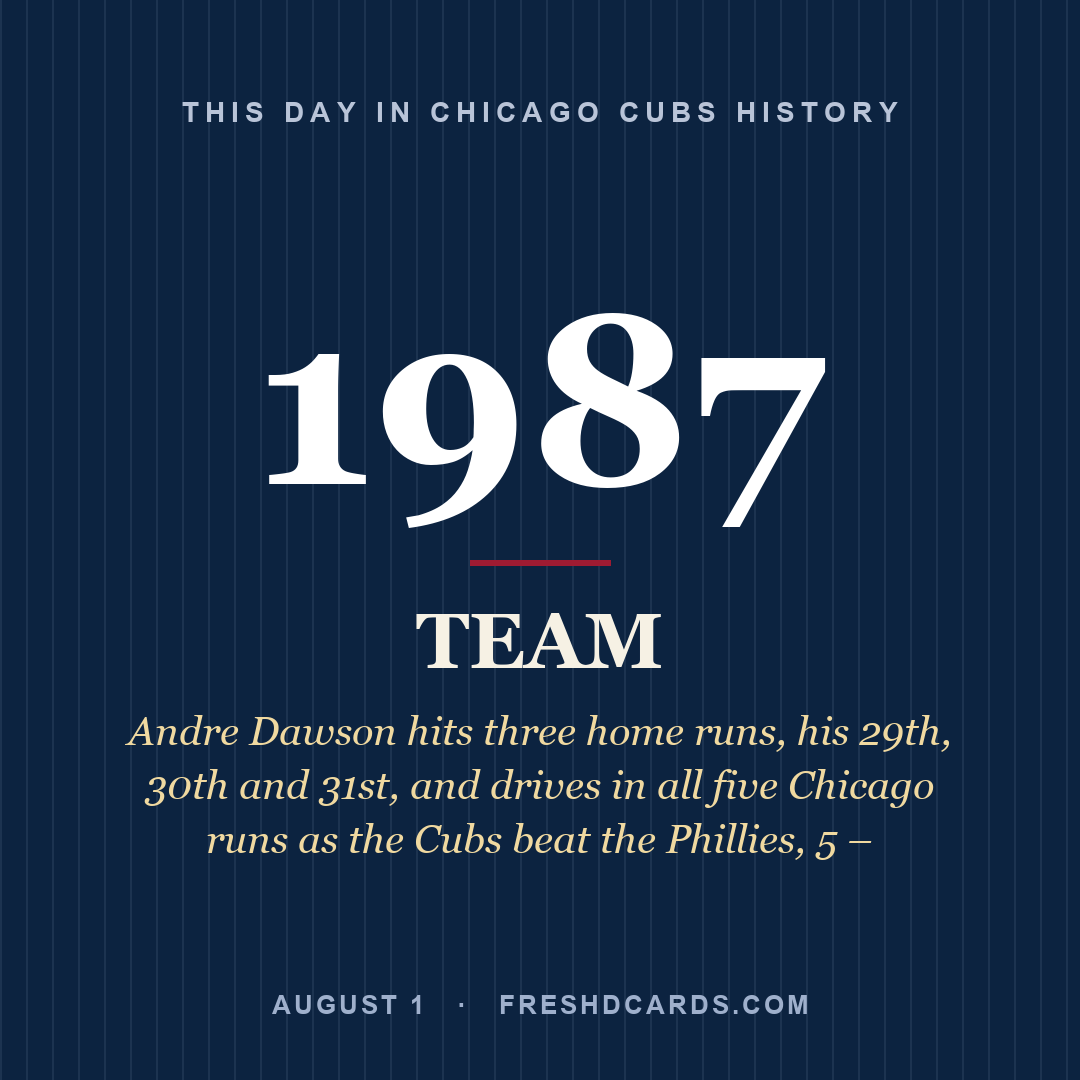 Chicago Cubs: Chicago Cubs, 1987, Andre Dawson hits three home runs, his 29th, 30th and 31st, and drives in all five Chicago runs as the Cubs beat the Phillies, 5 –